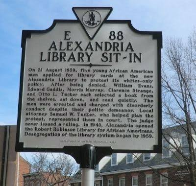 Historical marker photo for the Alexandria Library Sit-In (text on marker too long for here but use link to HMDB)